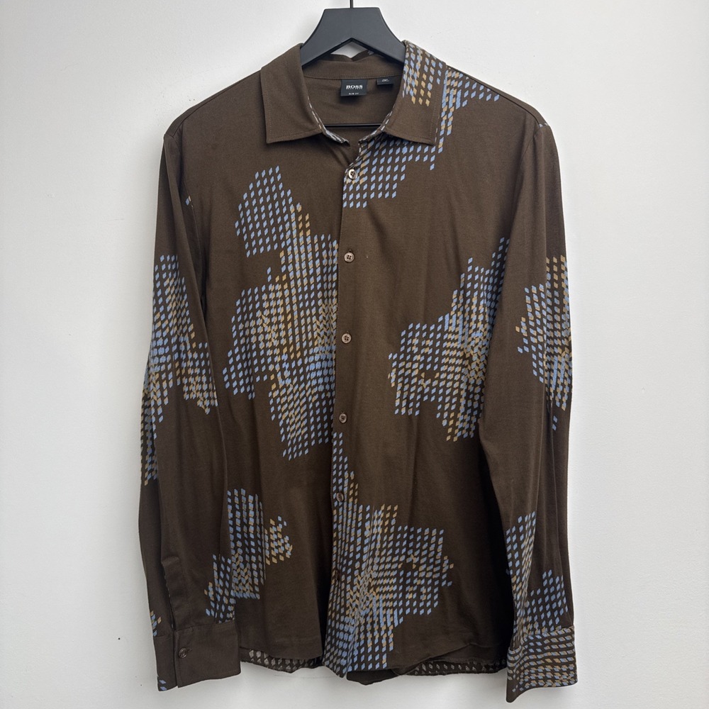 Hugo Boss Button Up Shirt L Brown Slim Fit Geometric Cyber Pattern Print Mens